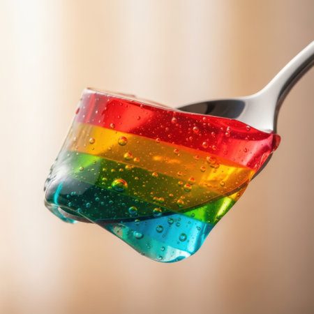 A close-up image of a spoon holding a colorful, layered jello dessert. The jello features distinct layers of red, orange, yellow, green, blue, and purple, creating a visually appealing rainbow effect. Small bubbles are visible on the surface of the jello, adding texture and depth to the image.の素材