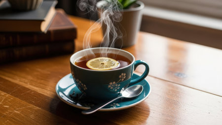 A close-up image of a steaming cup of coffee placed on a wooden table. The cup is blue with a floral design, and a spoon rests on the saucer beside it. In the background, there is a small potted plant and some books stacked together.の素材