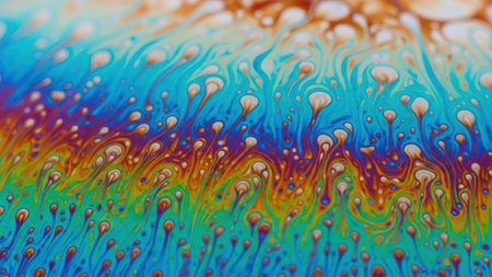 A close-up view of a colorful, swirling liquid pattern with bubbles forming on the surface. The image captures the dynamic movement and interaction of the fluid, creating an abstract and mesmerizing visual effect.の素材