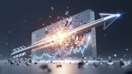 A dramatic depiction of a financial market crash, illustrated by a breaking arrow piercing through a graph, symbolizing a significant downturn in the market. The image conveys chaos and disruption with shattered pieces and a bright, explosive light.の素材
