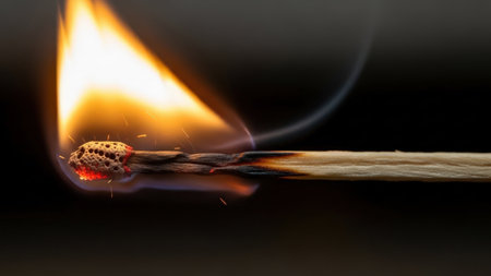 A close-up image of a single matchstick that is lit, emitting a bright, intense flame. The flame is vivid and well-defined, casting a warm glow against a dark background. The matchstick is partially burned, indicating it has been lit for a short period.の素材
