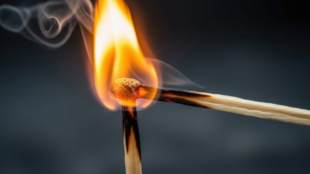 A close-up image of a burning matchstick with a bright, orange flame at its tip. The flame is surrounded by a wispy trail of smoke against a dark background.の素材
