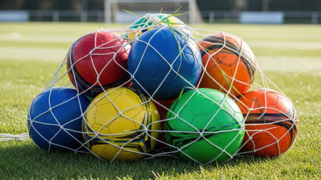 A collection of soccer balls in various bright colors are gathered in a net, placed on a grassy field. The image captures the vibrant and playful nature of the sport, emphasizing the importance of teamwork and variety.の素材