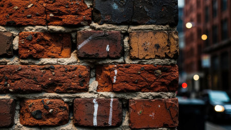 A detailed close-up of an aged brick wall with visible wear and tear, set against a blurred urban background.の素材