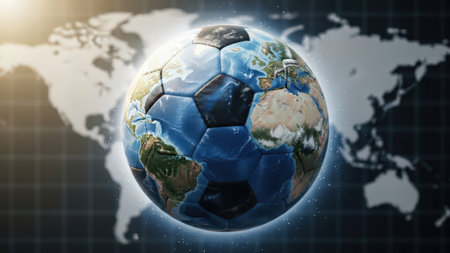 An image depicting a soccer ball with the Earth's map superimposed on it, symbolizing the global unity and love for the sport of soccer.の素材
