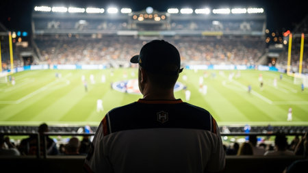 A detailed prompt for the image: A man wearing a cap and a sports jersey is seen from behind, intently watching a football game at night. The stadium is brightly lit, with a large crowd of spectators in the background. The field is visible with players in action.の素材