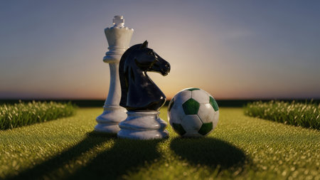 A close-up photograph of a chess piece and a soccer ball placed on a grassy field during sunset. The chess piece is a knight, and the soccer ball has a pentagonal pattern.の素材