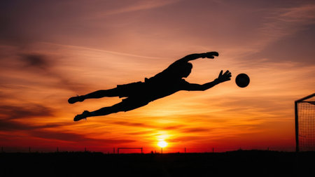 A dynamic silhouette of a goalkeeper diving to catch a soccer ball against a vibrant sunset backdrop. The scene captures the intensity and passion of the sport, with the player's focused expression and outstretched arms emphasizing the critical moment of the save. The sunset adds a dramatic and inspiring atmosphere to the image.の素材