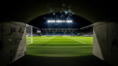 A detailed prompt for the image: This image captures the view of a soccer field as seen from the tunnel leading to the field. The field is brightly lit with stadium lights, and the goalpost is visible in the foreground. The tunnel walls are adorned with graffiti, adding a touch of urban art to the scene. The atmosphere is one of anticipation and excitement, typical of a pre-match setup.の素材