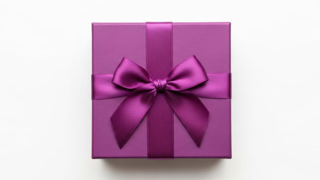 The image features a beautifully wrapped purple gift box adorned with a matching purple bow. The box is centrally placed on a transparent background, making it the focal point of the image. The white background enhances the visibility and elegance of the gift box.の素材