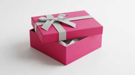 The image features a pink gift box adorned with a silver bow. The box is open, revealing an empty interior. The entire scene is set against a transparent background, making the gift box the focal point. This image is ideal for various gift-related themes and can be used for promotional or decorative purposes.の素材