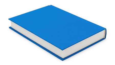 This image features a single, closed blue book with a white spine and edges, set against a transparent background. The book is positioned at an angle, showcasing its cover and spine clearly. The image is suitable for various design and educational purposes.の素材