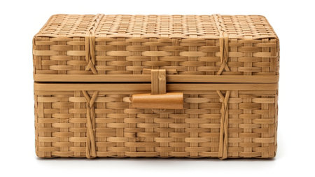 This image features a wicker storage box with a lid and wooden clasp, isolated on a white background. The box has a natural, woven texture and is designed for storage purposes. The image is on a transparent background, making it suitable for various design applications.の素材