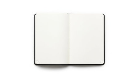 This image features an open notebook page with a clean, white background. The notebook appears to be blank, with crisp, white pages and a black binding. The image is set against a transparent background, making it suitable for various design applications. Ideal for use in graphic design, web design, or digital art projects.の素材