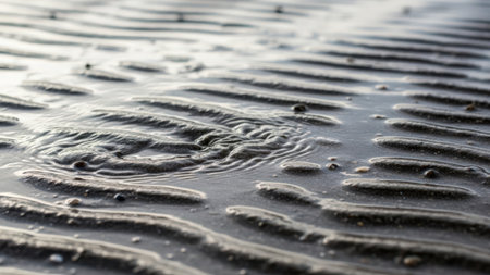A detailed close-up of raindrops on a wet surface, capturing the intricate patterns and reflections formed by the water droplets. The image highlights the beauty of nature's simplicity and the delicate texture of water on a smooth surface.の素材