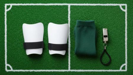 A pair of white tennis shoes with black accents, a green tennis ball tube, and a small electronic device with a lanyard are placed on a green tennis court with white boundary lines.の素材