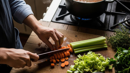 The image depicts a person chopping carrots and celery on a wooden cutting board in a kitchen. The background is transparent, allowing for versatile use in various designs. The scene includes fresh vegetables and kitchen utensils, emphasizing a culinary setting.の素材