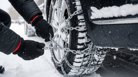 The image depicts a close-up of a person installing snow chains on a car tire. The scene is set in a snowy environment, with the car partially covered in snow. The individual is wearing black gloves and carefully securing the chains around the tire. The image is on a transparent background, making it suitable for various digital applications.の素材