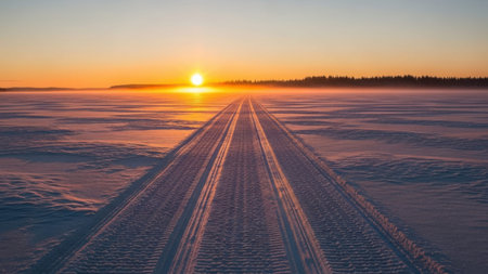 This image captures a breathtaking sunset over a snowy landscape. The sun is setting on the horizon, casting a warm, golden glow across the sky. Snow-covered ground features prominent tire tracks leading towards the horizon. The image is set against a transparent background, making it ideal for various design applications.の素材