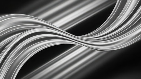 A captivating image featuring flowing, wavy lines in silver against a black background. The lines create a sense of movement and depth, evoking a futuristic and dynamic atmosphere.の素材