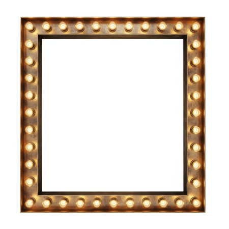 This image features a vintage-style frame adorned with numerous small light bulbs along its edges. The frame has a square shape and a warm, golden hue, giving it a classic and nostalgic appearance. The light bulbs are evenly spaced, adding to the aesthetic appeal and creating a cozy ambiance. This frame is perfect for displaying cherished memories or artwork in a unique and stylish manner.の素材