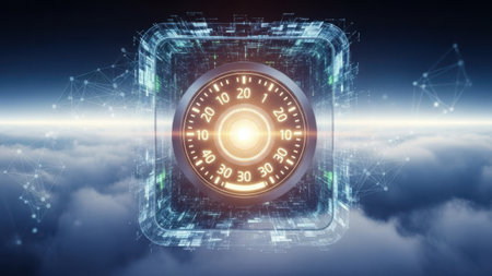 A futuristic digital lock set against a backdrop of a cloudy cyberspace, emphasizing security and technology.の素材