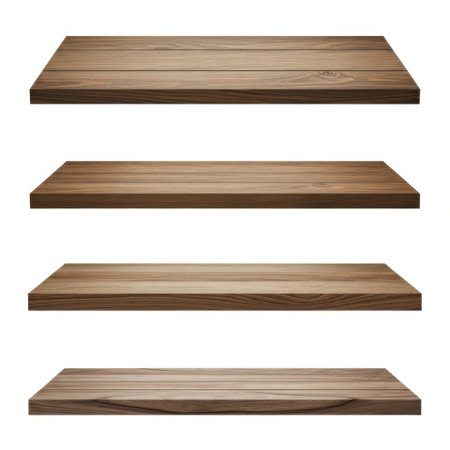 This image features a set of four wooden shelves arranged vertically. Each shelf has a natural wood grain pattern and a smooth, even surface. The shelves are ideal for displaying items or organizing space in a home or office setting. The wood appears to be a light to medium brown color, giving a warm and rustic feel.の素材