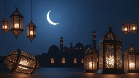 A serene night scene featuring a mosque adorned with intricate lanterns, set against the backdrop of a crescent moon. The lanterns cast a warm glow, highlighting the architectural beauty of the mosque.の素材