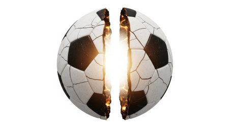 The image depicts a soccer ball that has been split in half, revealing its inner structure. The outer surface of the ball is black and white, typical of a standard soccer ball, while the inside shows the stitching and material used to construct it. The split is clean and runs through the center, exposing the layers and construction details.の素材