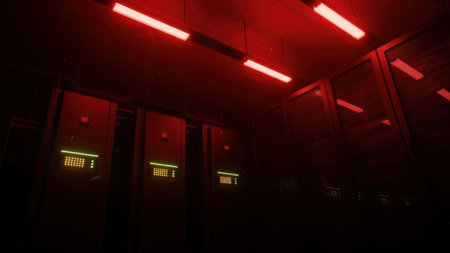 A dimly lit server room with red fluorescent lights illuminating rows of server racks. The servers have blinking green lights indicating active status. The room appears to be quiet and focused on operational functionality.の素材