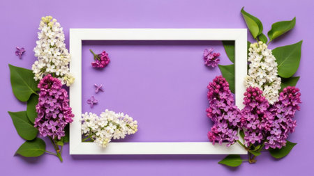 This image features a white frame surrounded by delicate lilac flowers on a transparent background. The frame is centrally placed, with the flowers artfully arranged around it. The image is set against a white backdrop, making it suitable for various design applications. The overall composition is clean and visually appealing, ideal for graphic design and digital art projects.の素材