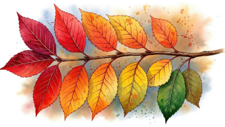 This image features a branch with vibrant autumn leaves in various shades of red, orange, yellow, and green. The leaves are isolated on a transparent background, making it suitable for various design applications. The image is SEO-friendly and ideal for fall-themed projects.の素材