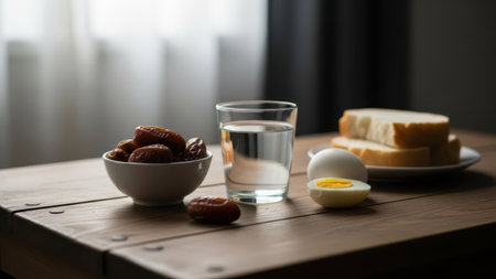A simple and nutritious breakfast setup on a rustic wooden table featuring a glass of water, a bowl of nuts, a boiled egg, and a slice of bread.の素材