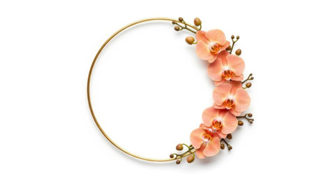 This image features a delicate floral wreath composed of pink flowers and green leaves, isolated on a transparent background. The wreath is circular and has a gold-colored frame, adding a touch of elegance. The image is clean and minimalistic, making it suitable for various design purposes.の素材