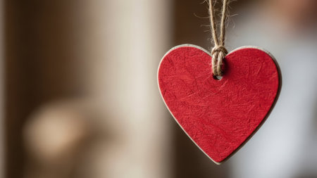 The image features a close-up of a red heart-shaped ornament hanging against a transparent background. The ornament is suspended by a thin string and has a textured surface, giving it a rustic appearance. The image is well-lit, highlighting the vibrant red color of the heart.の素材