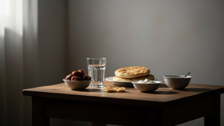 A serene and minimalistic breakfast setup featuring a wooden table with a glass of water, a bowl of cereal, a piece of bread, and a small bowl of yogurt. The natural light creates a calm atmosphere.の素材