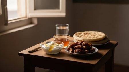 A simple yet inviting breakfast setup featuring a glass of water, a bowl of yogurt, a plate of dates, and a piece of flatbread on a wooden table near a window.の素材