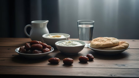 A rustic wooden table set with a traditional breakfast spread. The table features a bowl of dates, a bowl of yogurt, a glass of milk, a piece of flatbread, and a pitcher of liquid, possibly tea or coffee. The scene is set against a neutral background, highlighting the simplicity and warmth of the meal.の素材