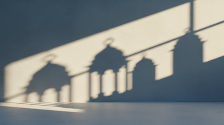 A detailed prompt for the image: This image captures the intricate silhouette of architectural shadows cast on a wall. The shadows depict a series of domes and arches, creating a striking visual pattern against the light-colored wall. The play of light and shadow emphasizes the architectural details, resulting in a dramatic and artistic scene.の素材