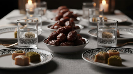 A beautifully arranged table setting featuring a variety of sweets, including dates and small confections, accompanied by glasses of water and lit candles, creating a warm and inviting atmosphere.の素材