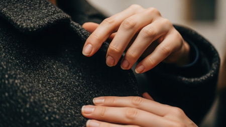 The image depicts a close-up of two hands gently holding each other. The hands are positioned in a way that suggests comfort, support, and a sense of connection. The person's skin appears soft and well-cared for, and the background is blurred, focusing the viewer's attention on the hands. The overall mood of the image is one of warmth and intimacy.の素材