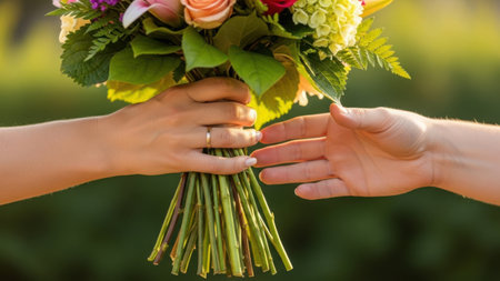 The image depicts two hands gently holding a vibrant bouquet of flowers. The flowers include a mix of yellow, pink, and green hues, creating a lively and cheerful atmosphere. The hands are positioned in a way that suggests a delicate and careful grip, emphasizing the beauty and fragility of the bouquet. The background is blurred, drawing focus to the hands and flowers.の素材