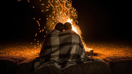 A couple is sitting close together under a blanket, enjoying the warmth and light of a crackling bonfire. The scene is set in a dark, open field, with the fire casting a warm glow on the surrounding grass. The couple appears to be sharing a peaceful and intimate moment under the night sky.の素材
