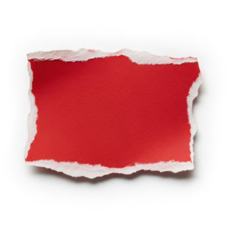 This image features a torn red paper square isolated on a white background. The paper has a textured, torn edge, giving it a distressed look. The background is transparent, making it suitable for various design applications.の素材