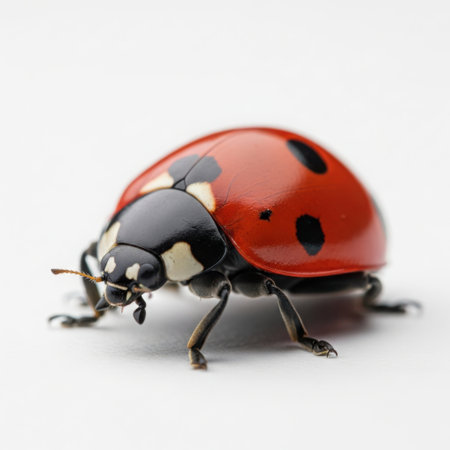 This image features a close-up of a red ladybug with black spots, isolated on a transparent background. The ladybug is positioned centrally, showcasing its vibrant red shell and distinct black spots. The image is clear and SEO-friendly, ideal for various digital applications.の素材
