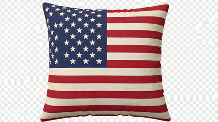 A square throw pillow featuring the design of the American flag. The pillow has a blue canton with white stars and red and white stripes, symbolizing patriotism and national pride.の素材