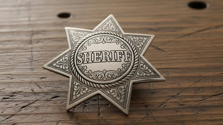 A detailed and ornate sheriff badge is prominently displayed on a wooden surface. The badge features intricate engravings and the word 'SHERIFF' clearly inscribed in the center.の素材