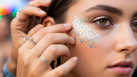 A close-up image of a person carefully applying glitter makeup to another person's forehead. The focus is on the detailed application process, with the person's face and hands prominently featured. The background is blurred, suggesting a festive or event setting.の素材