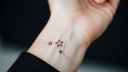 A close-up image of a wrist featuring a delicate tattoo of three small stars connected by dotted lines. The tattoo is simple yet elegant, symbolizing hope, dreams, and aspirations.の素材