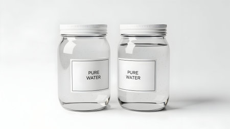 This image depicts two clear glass jars, each filled with water and sealed with metal lids. The jars have labels that read 'PURE WATER'. The jars are placed side by side on a plain background.の素材